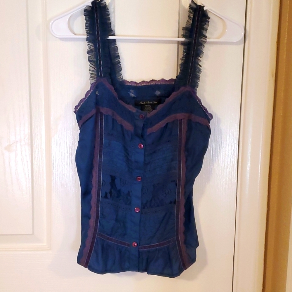 Blue silk and lace tank top by Heart Moon Star XS 48% Silk